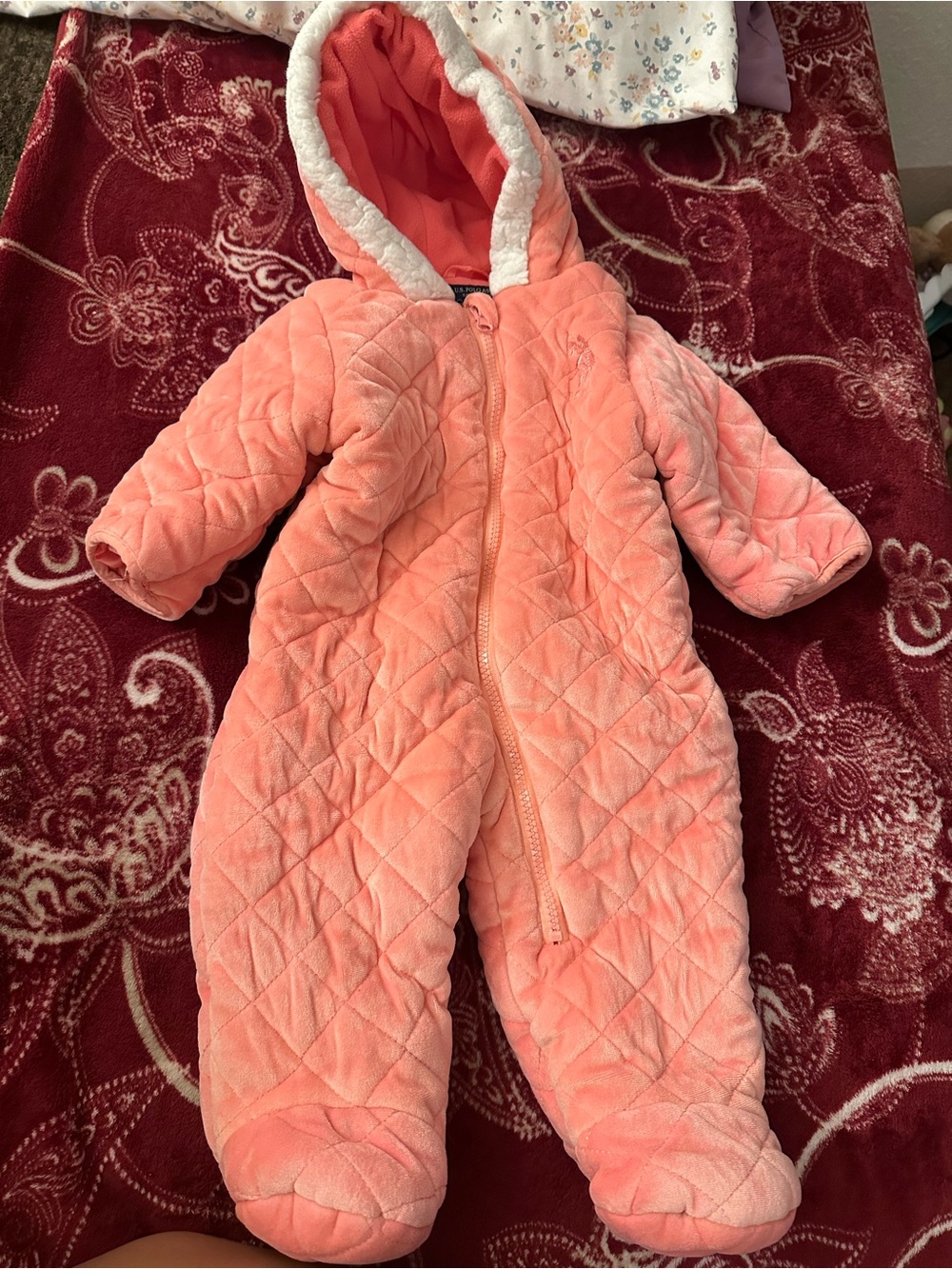 U.S. Polo Assn. Coral Quilted Hooded Baby One-Piece Footie